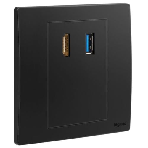 281021MBLegrandمقبس Mallia Senses HDMI مع نقل بيانات USB A باللون الأسود غير اللامع