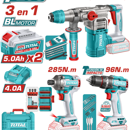 TOSLI250693Total Toolsمجموعة 3 في 1 مطرقة دوارة مع مثقاب