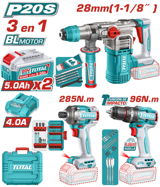 TOSLI250693Total Toolsمجموعة 3 في 1 مطرقة دوارة مع مثقاب