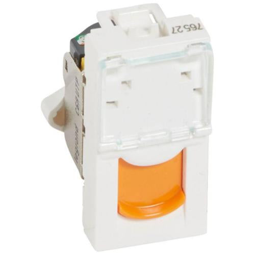 076527Legrandموزايك منفذ RJ45 فئة 6A UTP وحدة واحدة أبيض مع مصراع برتقالي