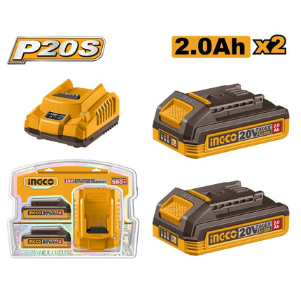 FBCPK2212INGCOمجموعة بطارية وشاحن INGCO 20V 2X2.0AH أيون الليثيوم FBCPK2212