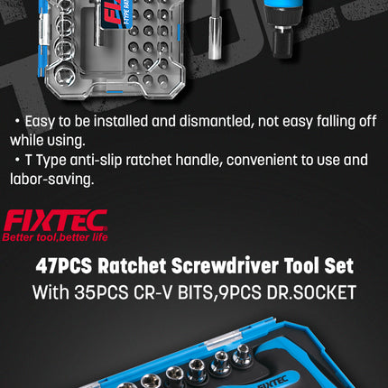 FHSDK47Fixtecمجموعة مفك براغي برافعة 47 قطعة من FIXTEC CR-V FHSDK47