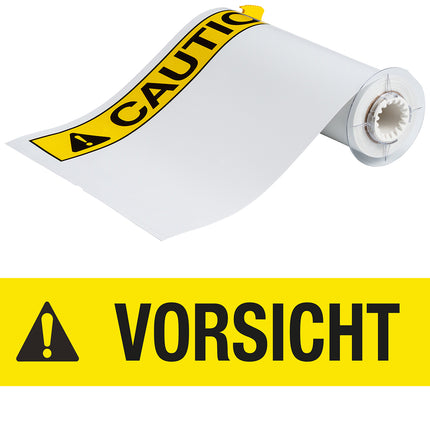 BBP85 Series Label Vinyl ANSI CAUTION German BlackYellow on White 10 in H x 14 in W
