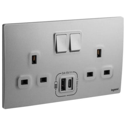 281136DSLegrandماليا سينسز مقبس تبديل معياري بريطاني ثنائي مع شواحن USB فضي داكن