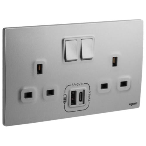 281136DSLegrandماليا سينسز مقبس تبديل معياري بريطاني ثنائي مع شواحن USB فضي داكن
