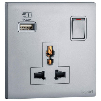MEC33081SLLegrandمقبس Obria أحادي الفتحة 16A متعدد المعايير مع منفذ USB Type A 15W فضي داكن