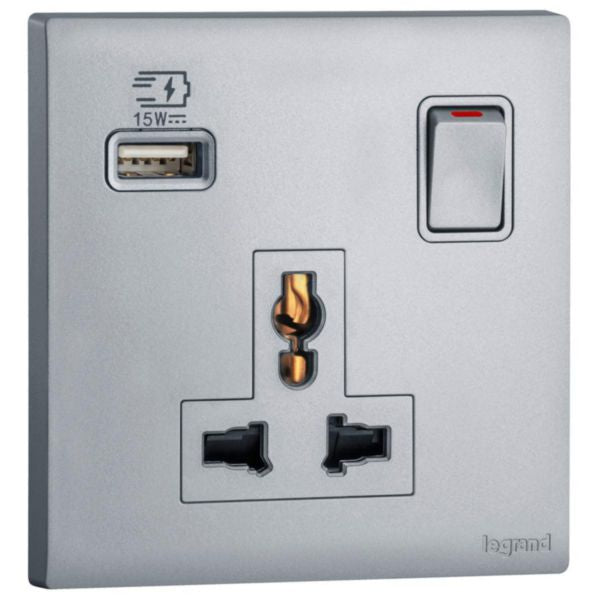 MEC33081SLLegrandمقبس Obria أحادي الفتحة 16A متعدد المعايير مع منفذ USB Type A 15W فضي داكن