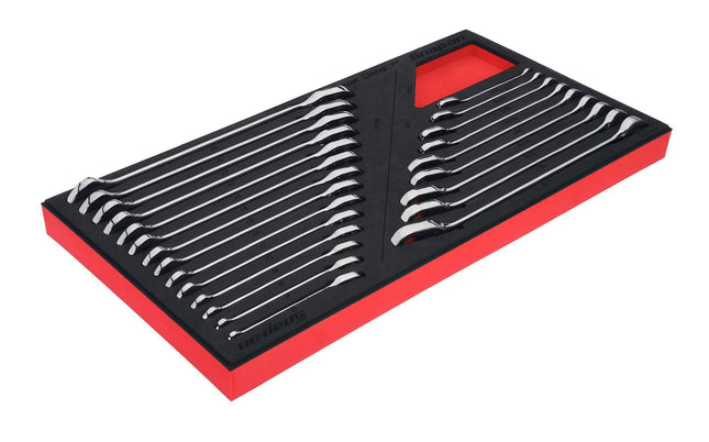 SOXRRSET1BRASnap-Onمجموعة مفاتيح ربط 23 قطعة متري SAE Flank Drive Plus قابلة للعكس مع آلية التسنين الرئيسية أحمر