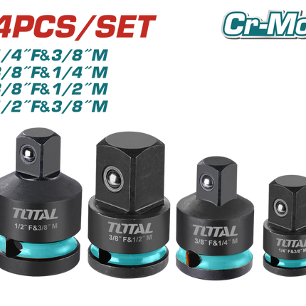 THISAD12438Total Toolsمجموعة محولات مقابس التأثير TOTAL 4 قطع CR-MO معالجة حرارية