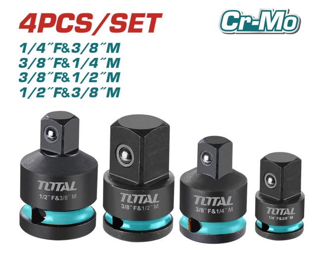 THISAD12438Total Toolsمجموعة محولات مقابس التأثير TOTAL 4 قطع CR-MO معالجة حرارية