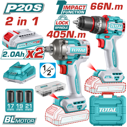 TCKLI20286Total Toolsمجموعة TOTAL اللاسلكية 20V مثقاب تأثير فرشاة وشنطة تأثير