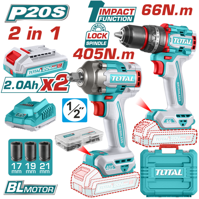 TCKLI20286Total Toolsمجموعة TOTAL اللاسلكية 20V مثقاب تأثير فرشاة وشنطة تأثير