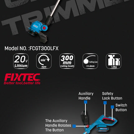FCGT300LFXFixtecمشذب العشب اللاسلكي FIXTEC 20V موديل FCGT300LFX يعمل بالبطارية