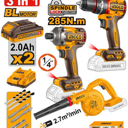 COSLI250182INGCOمجموعة أدوات بدون أسلاك INGCO 3 قطع 20 فولت فرشاة محرك