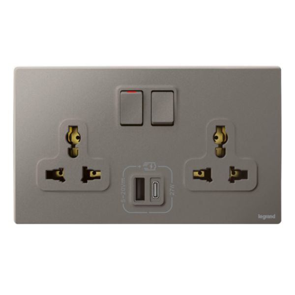 281138DSLegrandملليا سينسز مقبس كهربائي ثنائي متعدد المعايير مع شاحن USB A+C 27W فضي داكن