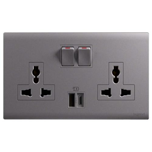 MEC33077SLLegrandمنفذ Obria ثنائي 16A متعدد المعايير مع USB A+C 27W فضي داكن