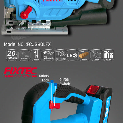 FCJS80LFXFixtecمنشار الجيجسو اللاسلكي 20 فولت من فيكستيك FCJS80LFX مع ضوء LED