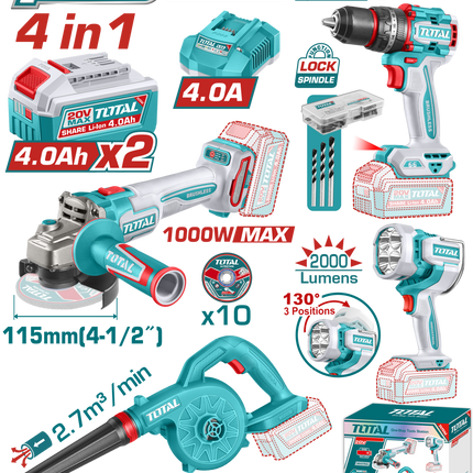TOSLI250993Total Toolsمجموعة TOTAL اللاسلكية 4 قطع 20 فولت مع أدوات الطاقة