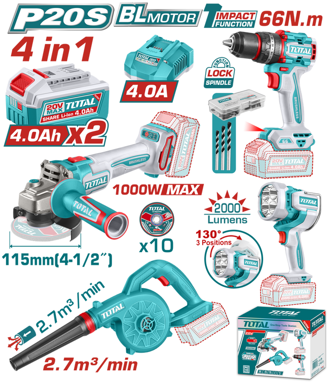 TOSLI250993Total Toolsمجموعة TOTAL اللاسلكية 4 قطع 20 فولت مع أدوات الطاقة