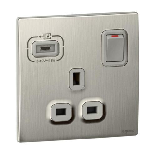 281130ABALegrandماليا سينسيس - مقبس كهربائي أحادي القطب مع شاحن USB C بقوة 18 واط - ألومنيوم مصقول