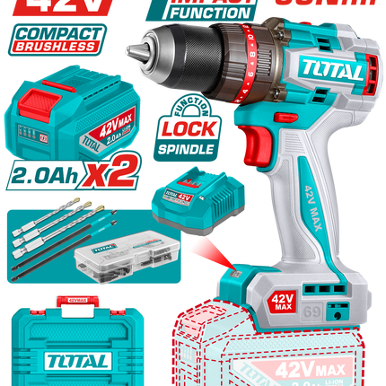 TIDLI426982Total Toolsمثقاب التأثير اللاسلكي TOTAL المدمج بدون فرش 42 فولت 69 نيوتن متر