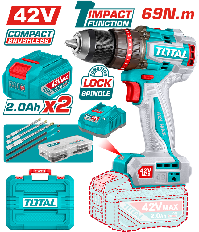 TIDLI426982Total Toolsمثقاب التأثير اللاسلكي TOTAL المدمج بدون فرش 42 فولت 69 نيوتن متر