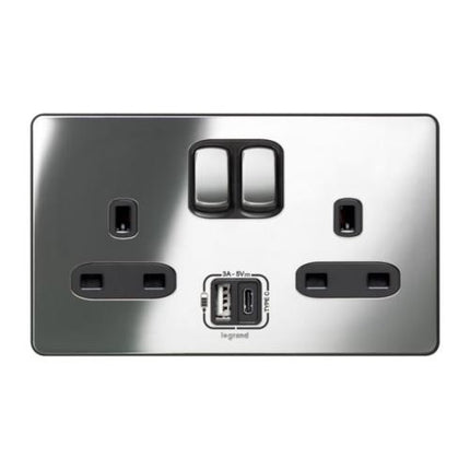 832279Legrandسينرجي سليك - مقبس كهربائي ثنائي مع شاحن USB 13A من الفولاذ المقاوم للصدأ