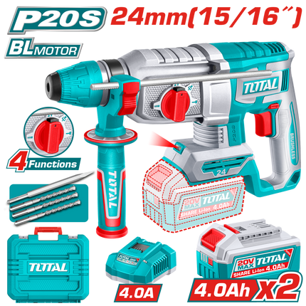 TRHLI202482Total Toolsمطرقة دوارة لاسلكية TOTAL 20V SDS Plus بدون فرش 2.4J
