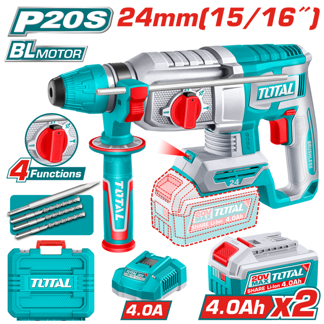 TRHLI202482Total Toolsمطرقة دوارة لاسلكية TOTAL 20V SDS Plus بدون فرش 2.4J