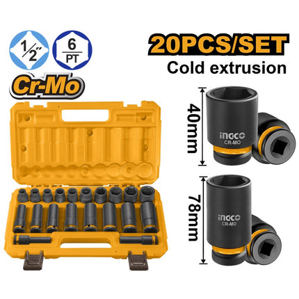 HKISSD12203LINGCOمجموعة مقابس التأثير INGCO 20 قطعة 1/2 بوصة CR-MO