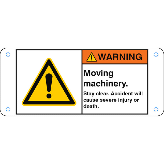 ISO Safety Sign  Moving machinery Stay clear Accident will cause severe injury or death