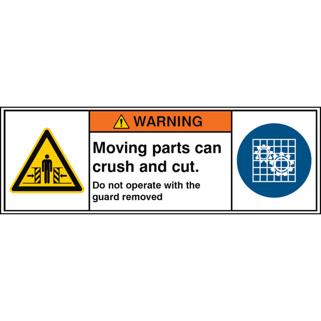 ISO Safety Sign  Moving parts can crush and cut Do not operate with the guard removed