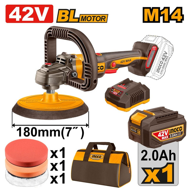 APLI42181INGCOمصقلة INGCO 42V بدون فرش 7 بوصة مع بطارية 2.0Ah