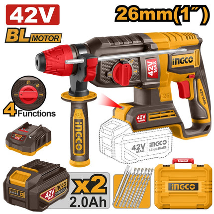 CRHLI422682INGCOمطرقة دوارة INGCO 42V بدون فرش 26 ملم 4 أوضاع مع بطاريتين 2x2.0Ah وحقيبة حمل
