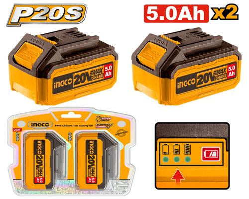 COSLI240464INGCOمجموعة بطاريات ليثيوم أيون INGCO P20S 20V مع بطاريتين 5.0Ah