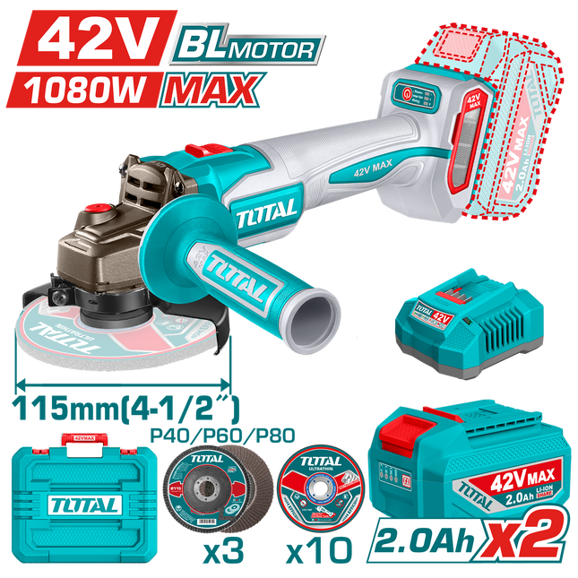 TAGLI4108112Total Toolsمجموعة توتال 42 فولت زاوية كهربائية لاسلكية محرك بدون فرش 1080 واط
