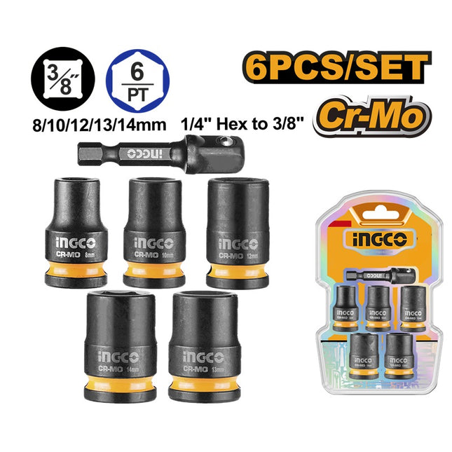 HKISSD38061INGCOمجموعة INGCO 6 قطع مقابس تأثير 3/8 بوصة محول سداسي 1/4 بوصة