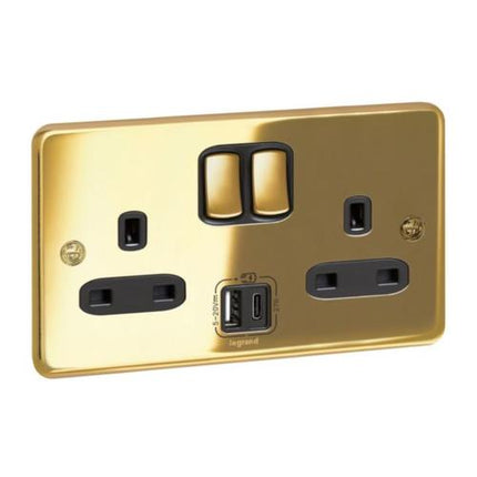 832779Legrandسينرجي تصميم أنيق منفذ ثنائي مع شاحن USB A+C 27 واط ذهبي لامع