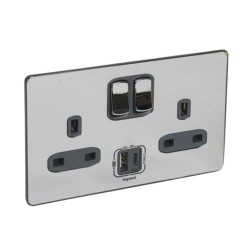 832279Legrandسينرجي سليك - مقبس كهربائي ثنائي مع شاحن USB 13A من الفولاذ المقاوم للصدأ