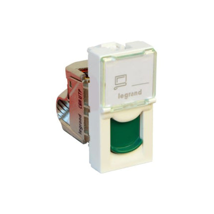 076526Legrandموزاييك - مقبس RJ45 فئة 6A UTP وحدة واحدة أبيض مع مصراع أخضر
