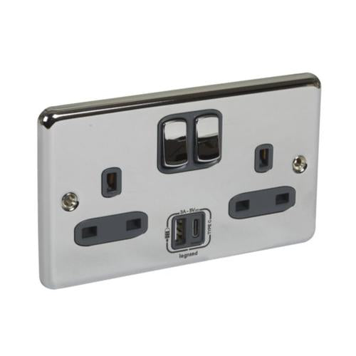 833279Legrandسينرجي أوثنتيك مقبس ثنائي الفتحة مع USB نوع A و C من الفولاذ المقاوم للصدأ