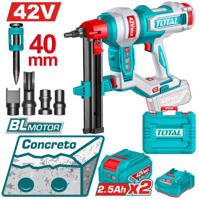 TCNLI420602Total Toolsمسدس تثبيت الخرسانة TOTAL 42 فولت بدون فرش مع مجموعة 1000 مسمار