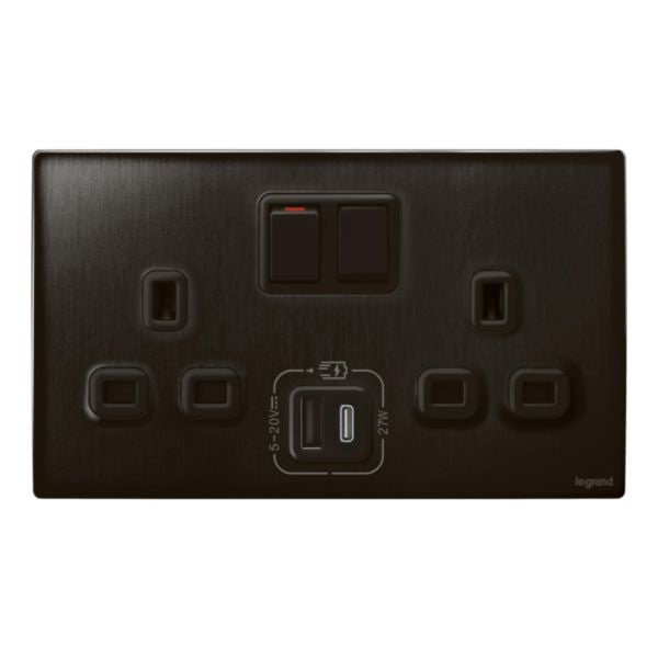 281137BBLegrandملليا سينسز مقبس كهربائي ثنائي مع شاحن USB A+C 27W أسود مصقول