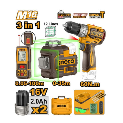 COSLI250101INGCOمجموعة INGCO 16V 3-في-1 اللاسلكية COSLI250101