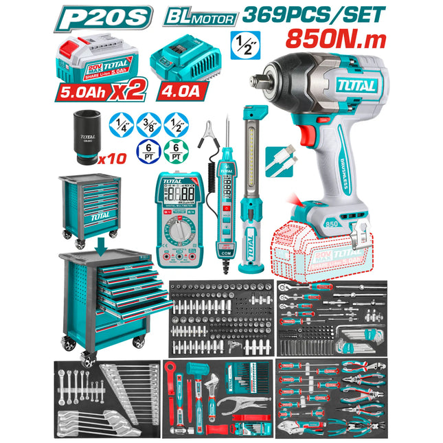 THPTCS83692Total Toolsمجموعة أدوات 369 قطعة مع مفتاح لاسلكي