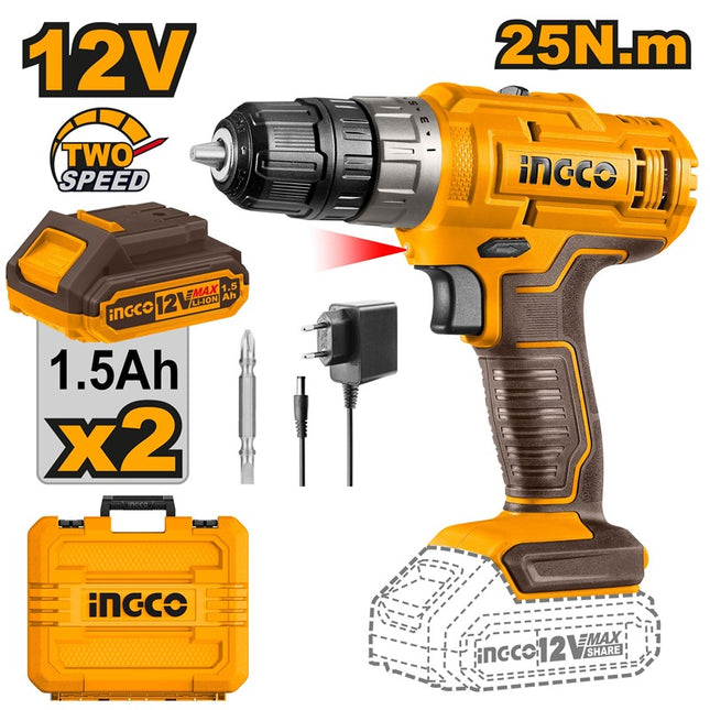 CDLI1228INGCOم钻كهربائي بدون سلك INGCO 12V بحمولة 2X1.5AH من الليثيوم CDLI1228