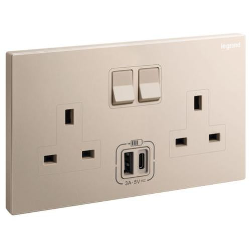 282443-C1Legrandجاليون مقبس بريطاني قياسي ثنائي مع شاحن USB 13A ذهبي وردي