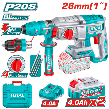 TRHLI202689Total Toolsمطرقة دوارة لاسلكية TOTAL 20V نظام SDS Plus بدون فرش 2.5J