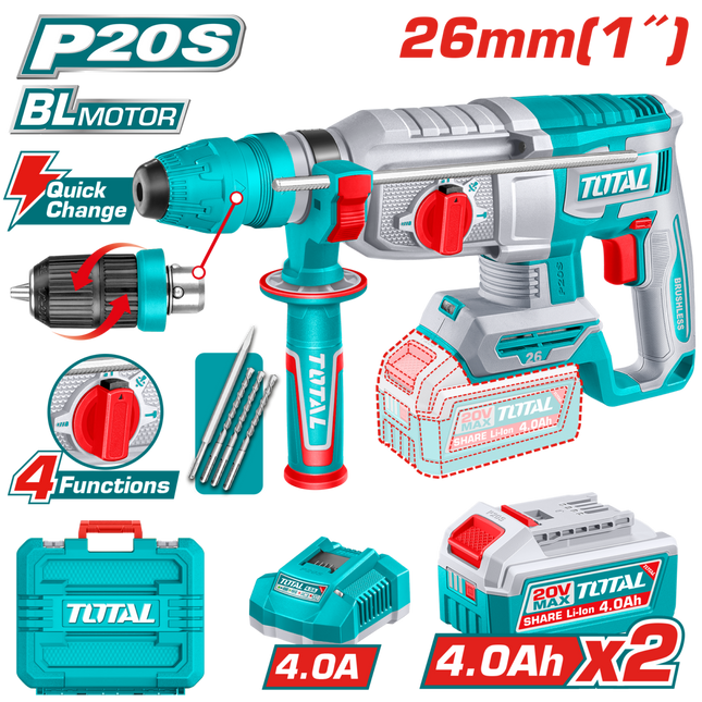 TRHLI202689Total Toolsمطرقة دوارة لاسلكية TOTAL 20V نظام SDS Plus بدون فرش 2.5J