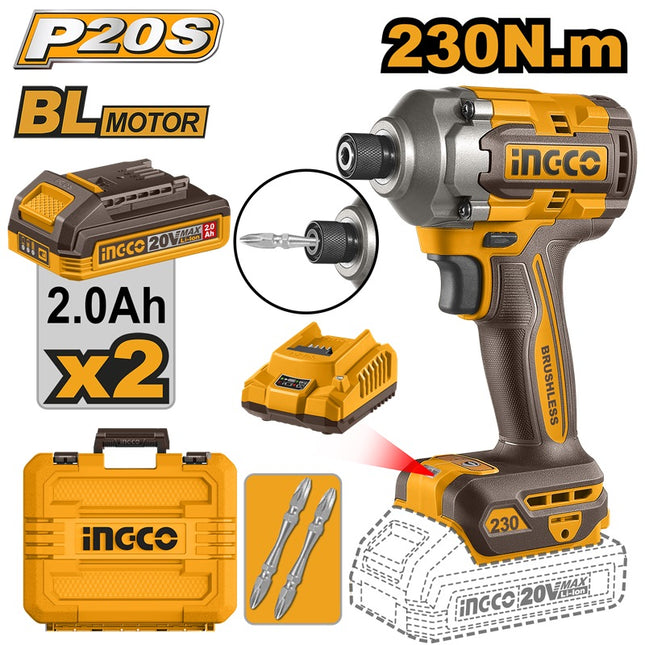 CIRLI2023INGCOمفك تأثير INGCO 20V بدون فرش 230NM مع بطاريتين